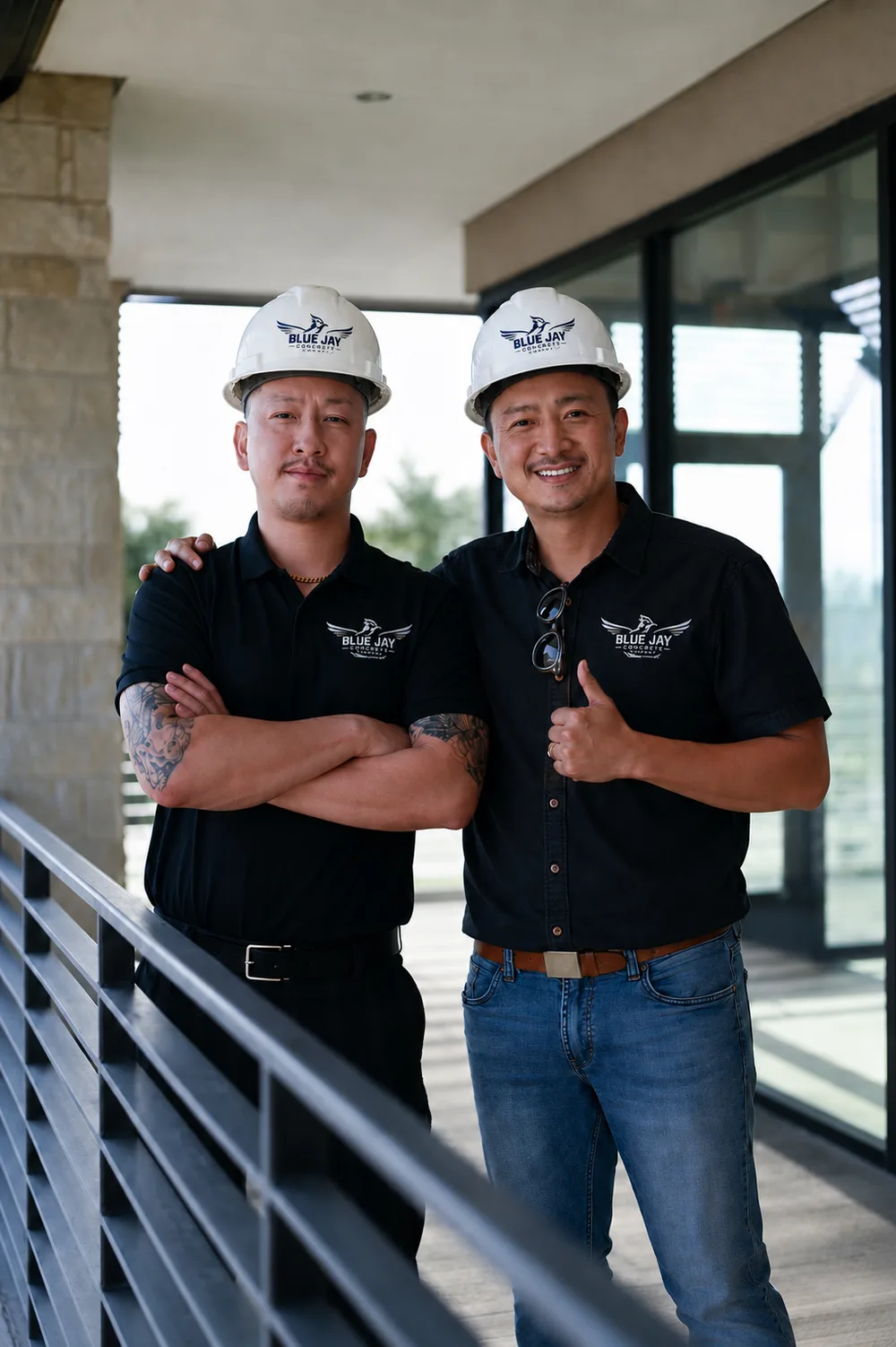 Jay Lee and Bunnang Chy, founders of Blue Jay Concrete Company, in branded hard hats and work shirts