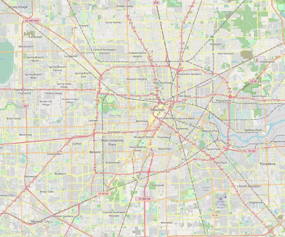 Street map of central Houston inside and around the 610 Loop, including Downtown, the Heights, Bellaire, West University Place, and Southside Place