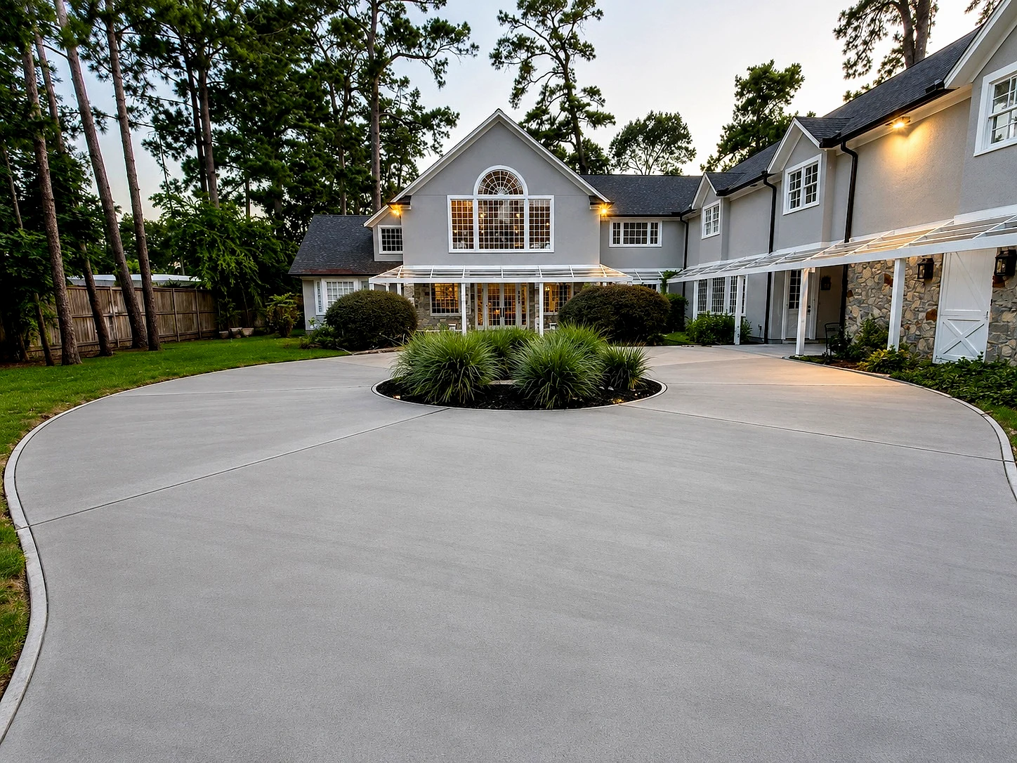 Completed circular concrete driveway wrapping a planted island in front of a large home in evening light